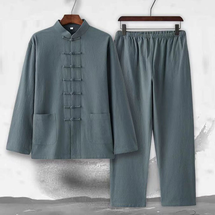 Buddha Stones 2Pcs Tang Suit Traditional Frog-Button Uniform Long Sleeve Shirt Pants Men's Set - image 8