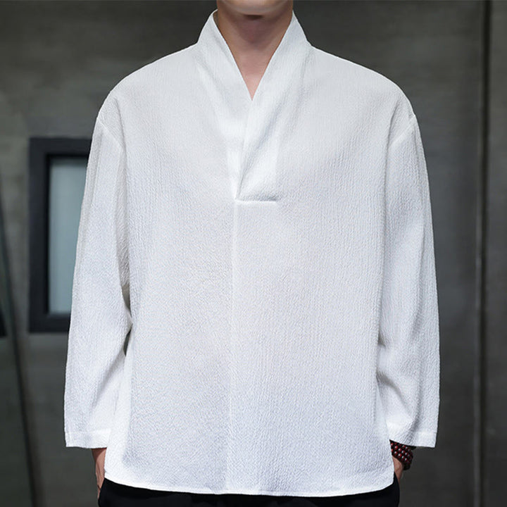 Buddha Stones Simple V-Neck Long Sleeve T-Shirt Men Clothing - White - US/UK/AU46，EU56 (5XL) - image 0