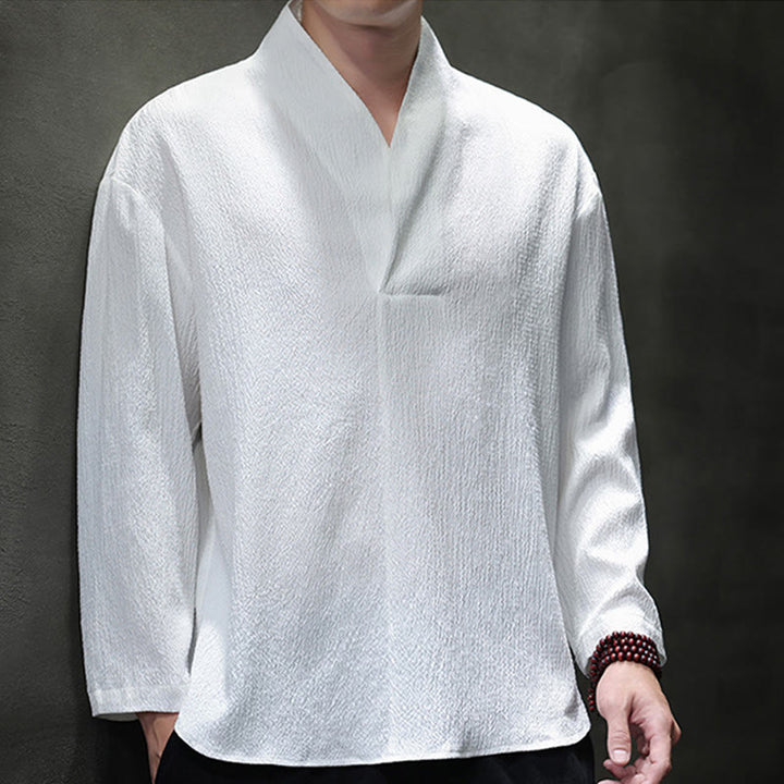 Buddha Stones Simple V-Neck Long Sleeve T-Shirt Men Clothing - image 1