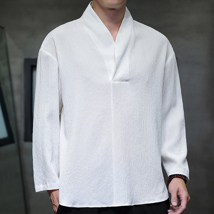 Buddha Stones Simple V-Neck Long Sleeve T-Shirt Men Clothing - image 6