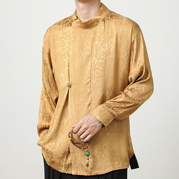 Buddha Stones Fall Jacquard Long Sleeve Frog-Button Shirt Men Clothing