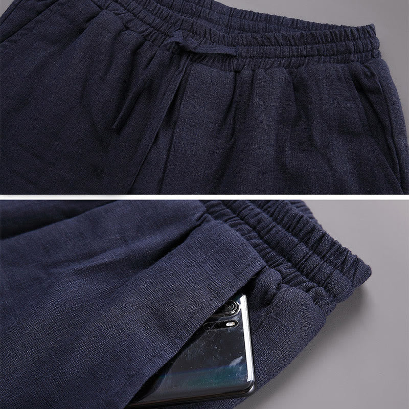 Buddha Stones Winter Men's Fleece Lined Drawstring Linen Pants With Pockets - image 4