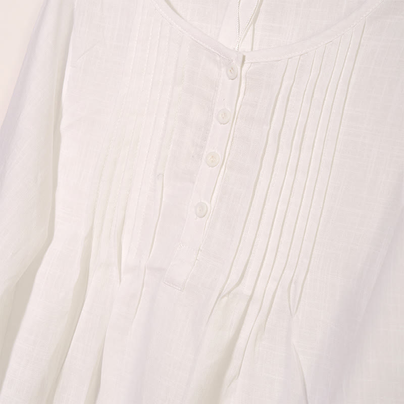 Buddha Stones Round Neck Casual Pleated Long Sleeve Shirt Cotton Linen Women's Shirts - image 7