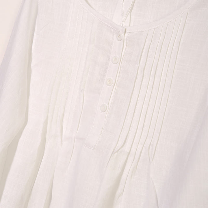 Buddha Stones Round Neck Casual Pleated Long Sleeve Shirt Cotton Linen Women's Shirts - image 7