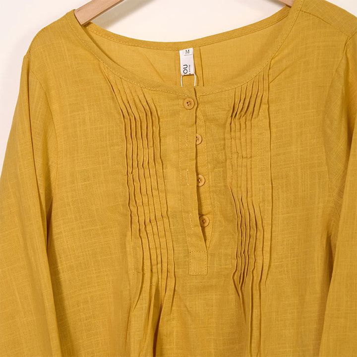 Buddha Stones Round Neck Casual Pleated Long Sleeve Shirt Cotton Linen Women's Shirts - image 2