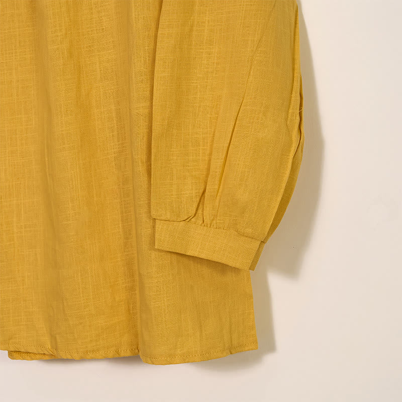 Buddha Stones Round Neck Casual Pleated Long Sleeve Shirt Cotton Linen Women's Shirts - image 3