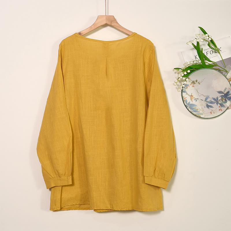 Buddha Stones Round Neck Casual Pleated Long Sleeve Shirt Cotton Linen Women's Shirts