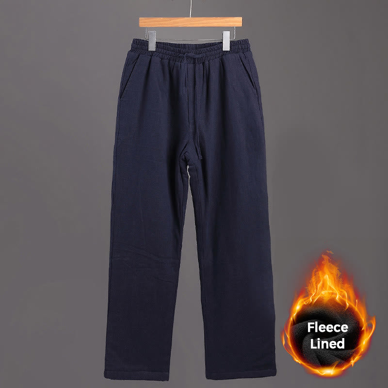 Buddha Stones Winter Men's Fleece Lined Drawstring Linen Pants With Pockets