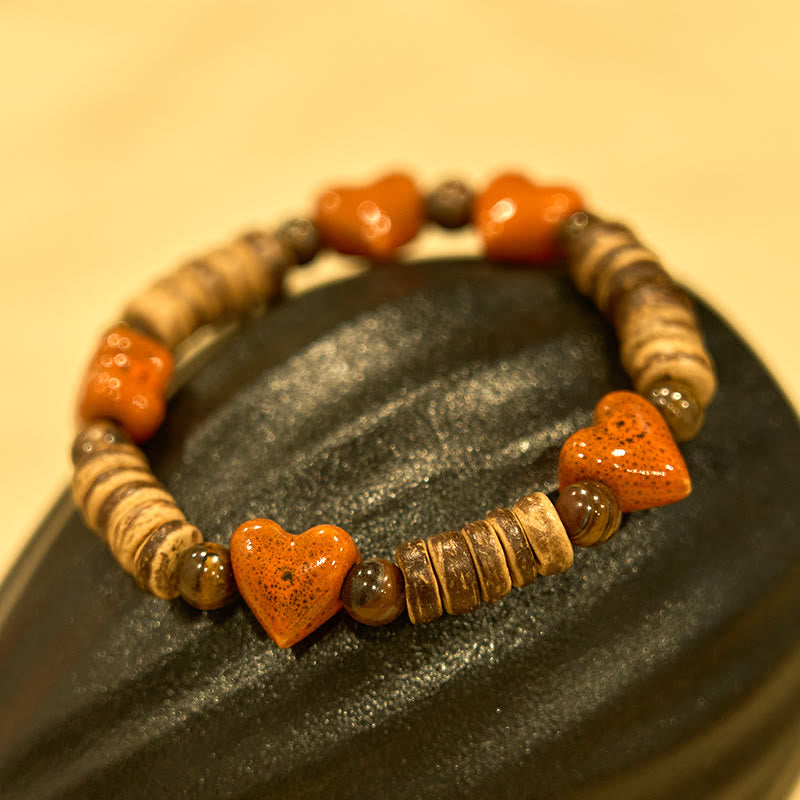 Buddha Stones Natural Dalmatian Jasper Stone Heart Shape Ceramics Bracelet