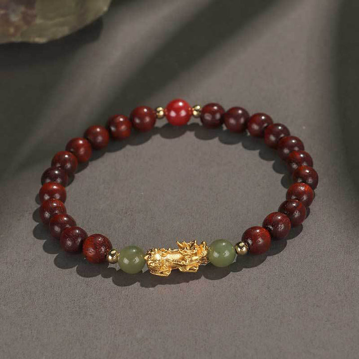 Buddha Stones 999 Sterling Silver Sandalwood Ebony Wood Small Leaf Red Sandalwood Hetian Jade Cinnabar PiXiu Wealth Bracelet