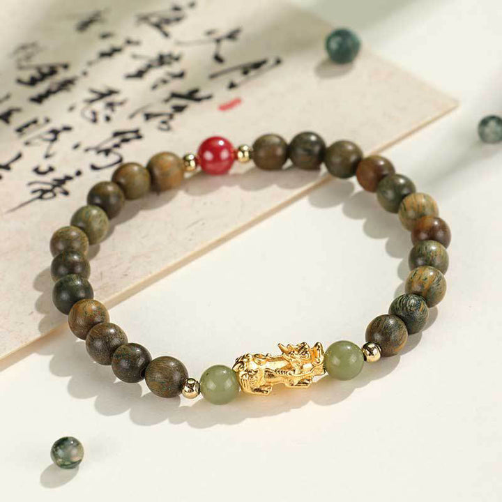 Buddha Stones 999 Sterling Silver Sandalwood Ebony Wood Small Leaf Red Sandalwood Hetian Jade Cinnabar PiXiu Wealth Bracelet - Green Sandalwood(Wrist Circumference: 14-16cm) - image 14