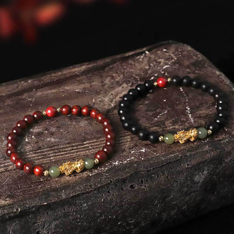 Buddha Stones 999 Sterling Silver Sandalwood Ebony Wood Small Leaf Red Sandalwood Hetian Jade Cinnabar PiXiu Wealth Bracelet