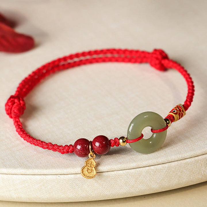 Buddha Stones Red String Black String Hetian Jade Peace Buckle Cinnabar 925 Silver Protection Bracelet