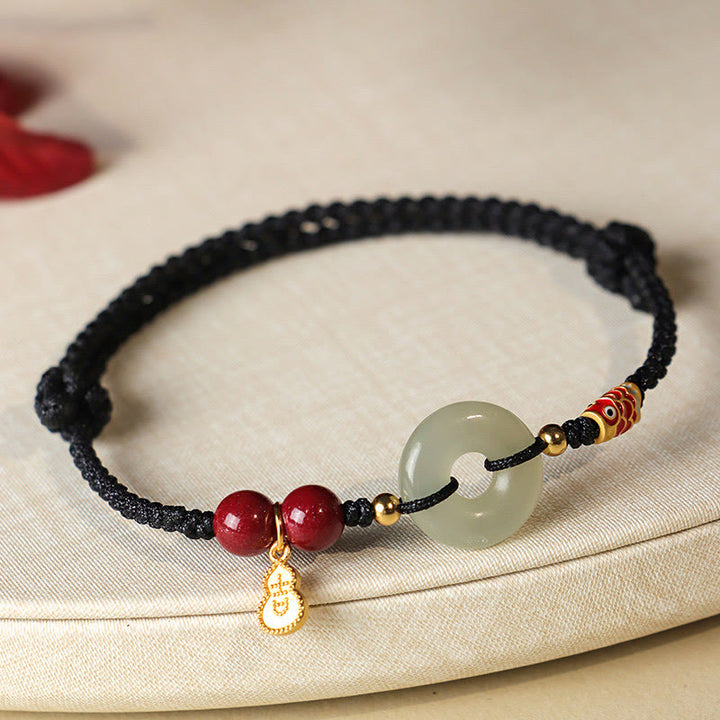 Buddha Stones Red String Black String Hetian Jade Peace Buckle Cinnabar 925 Silver Protection Bracelet