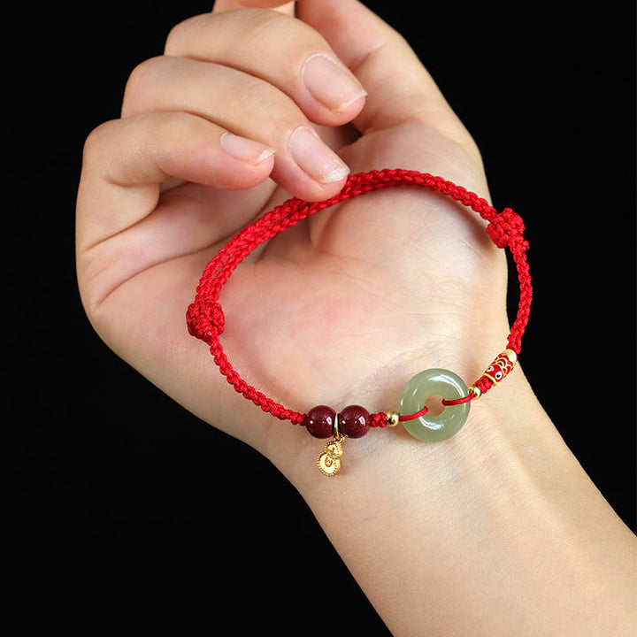 Buddha Stones Red String Black String Hetian Jade Peace Buckle Cinnabar 925 Silver Protection Bracelet