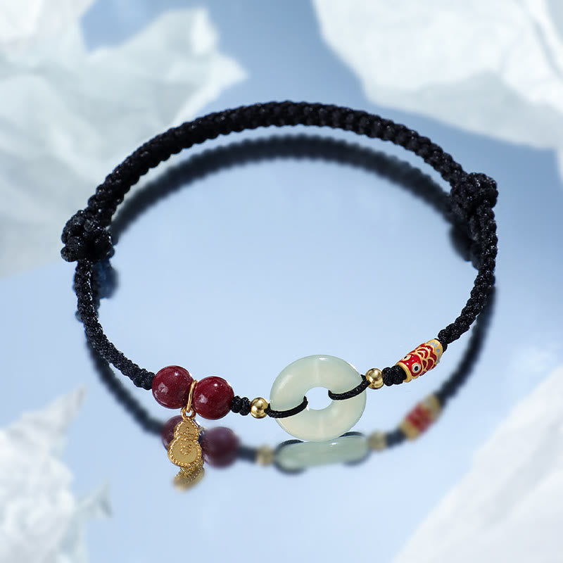 Buddha Stones Red String Black String Hetian Jade Peace Buckle Cinnabar 925 Silver Protection Bracelet