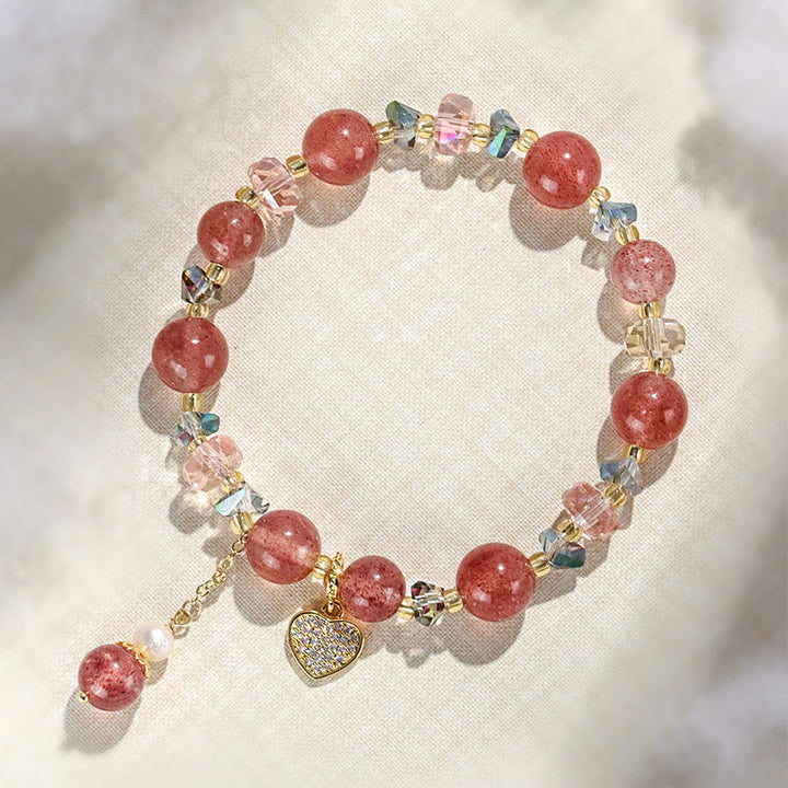 Buddha Stones Strawberry Quartz White Crystal Pearl Liuli Heart Healing Bracelet