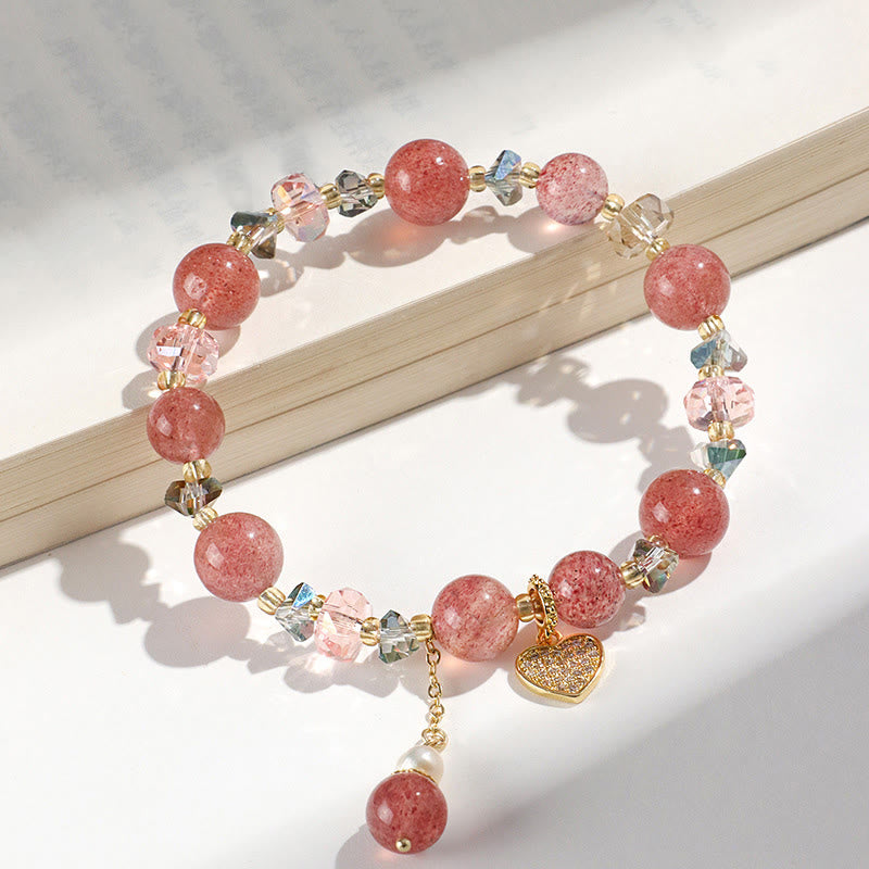 Buddha Stones Strawberry Quartz White Crystal Pearl Liuli Heart Healing Bracelet