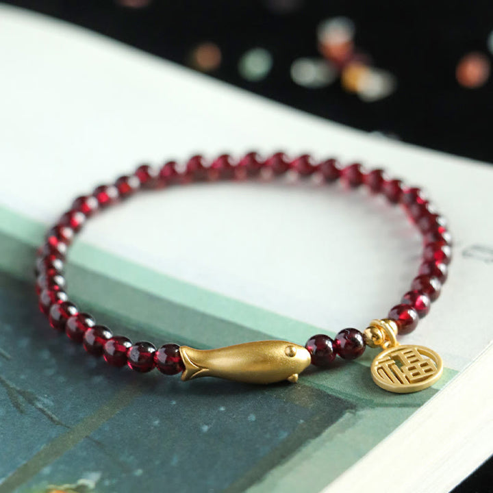 Buddha Stones Garnet 925 Sterling Silver Fish Fu Character Purification Bracelet