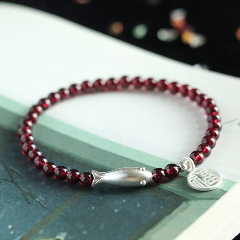 Buddha Stones Garnet 925 Sterling Silver Fish Fu Character Purification Bracelet