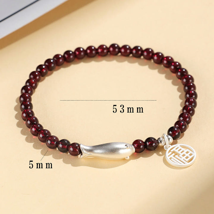 Buddha Stones Garnet 925 Sterling Silver Fish Fu Character Purification Bracelet