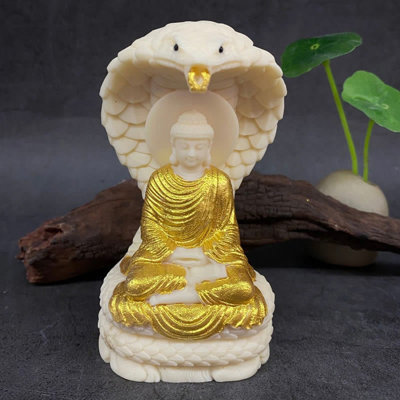 Buddha Stones Tathagata Shakyamuni Snake Lotus Ivory Fruit Meditation Statue Serenity Home Decoration - Gold Buddha - Large 16*9*7cm - image 6