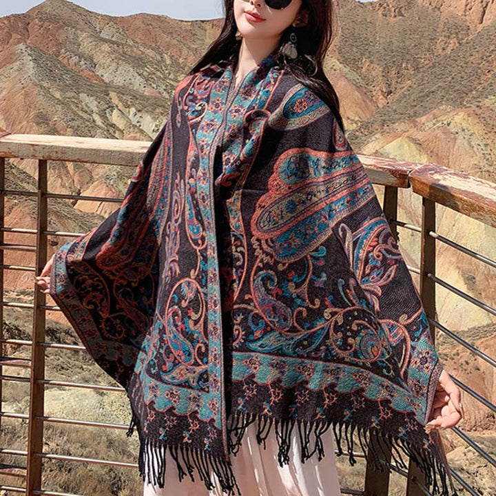 Buddha Stones Tibetan Cashew Flower Tassel Shawl Fall Winter Cozy Travel Scarf Wrap - DarkMagenta - 180*65cm - image 18