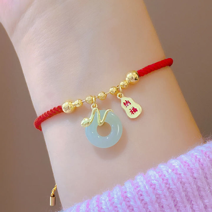 Buddha Stones Copper Plated Gold Jade Peace Buckle Fu Character Year Of The Snake Red String Luck Bracelet