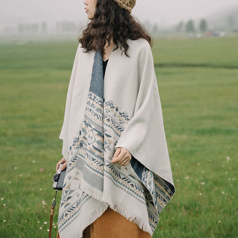 Buddha Stones Tibetan Beige Geometric Pattern Tassels Shawl Fall Winter Warm Scarf Wrap - Beige 135-175cm - image 0
