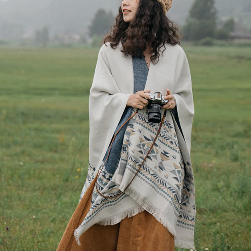 Buddha Stones Tibetan Beige Geometric Pattern Tassels Shawl Fall Winter Warm Scarf Wrap - image 1