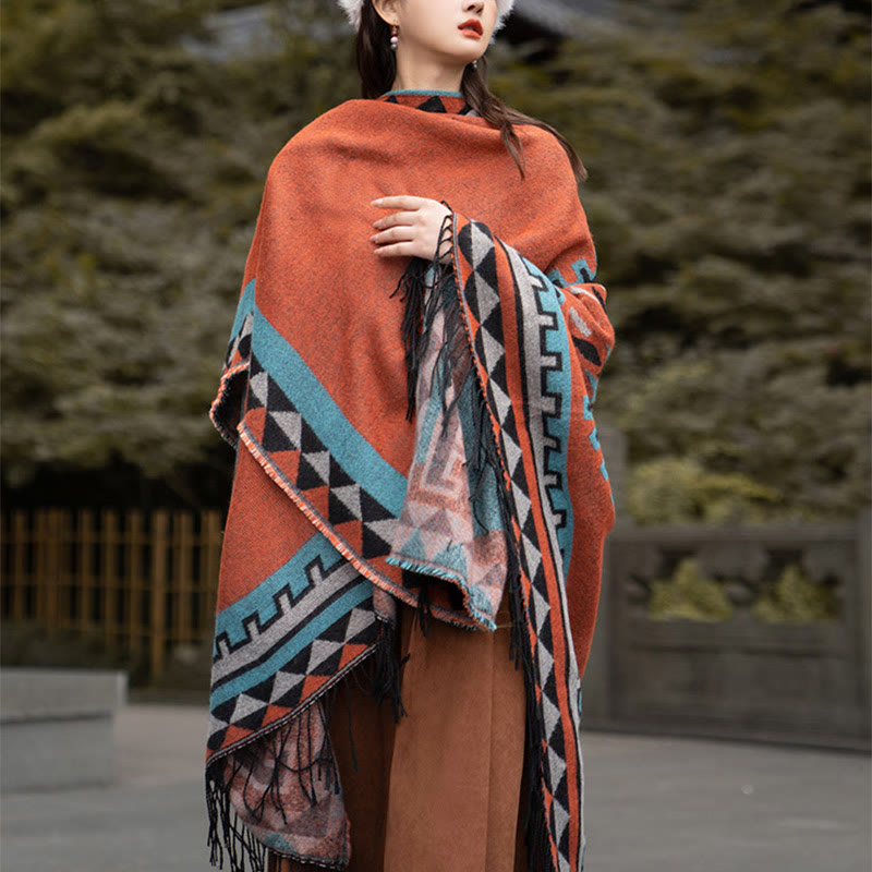 Buddha Stones Tibetan Orange Geometric Rhombus Pattern Tassels Shawl Fall Winter Warm Scarf Wrap - image 11