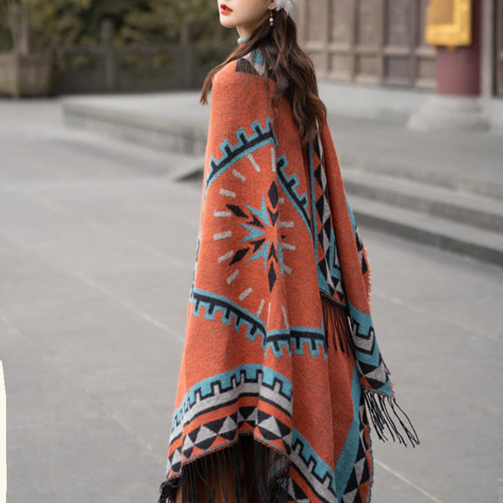 Buddha Stones Tibetan Orange Geometric Rhombus Pattern Tassels Shawl Fall Winter Warm Scarf Wrap