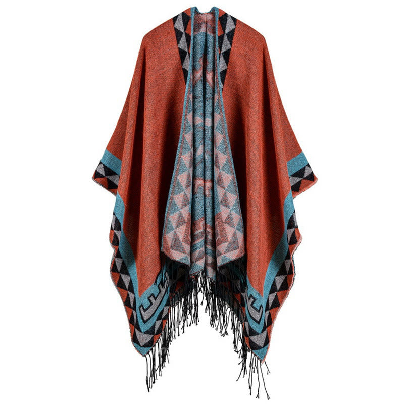 Buddha Stones Tibetan Orange Geometric Rhombus Pattern Tassels Shawl Fall Winter Warm Scarf Wrap