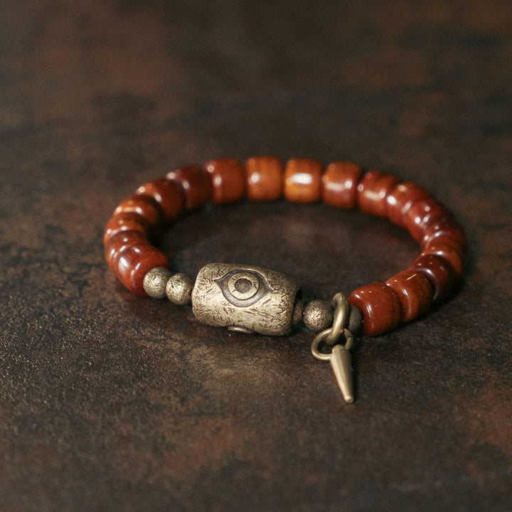 Buddha Stones Yak Bone Dzi Shape Copper Cone Pendant Strength Bracelet