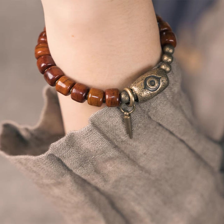 Buddha Stones Yak Bone Dzi Shape Copper Cone Pendant Strength Bracelet