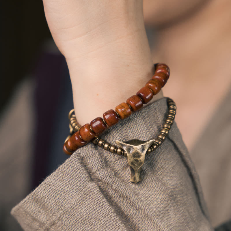 Buddha Stones Yak Bone Copper Yak Head Cone Pendant Double Wrap Strength Bracelet