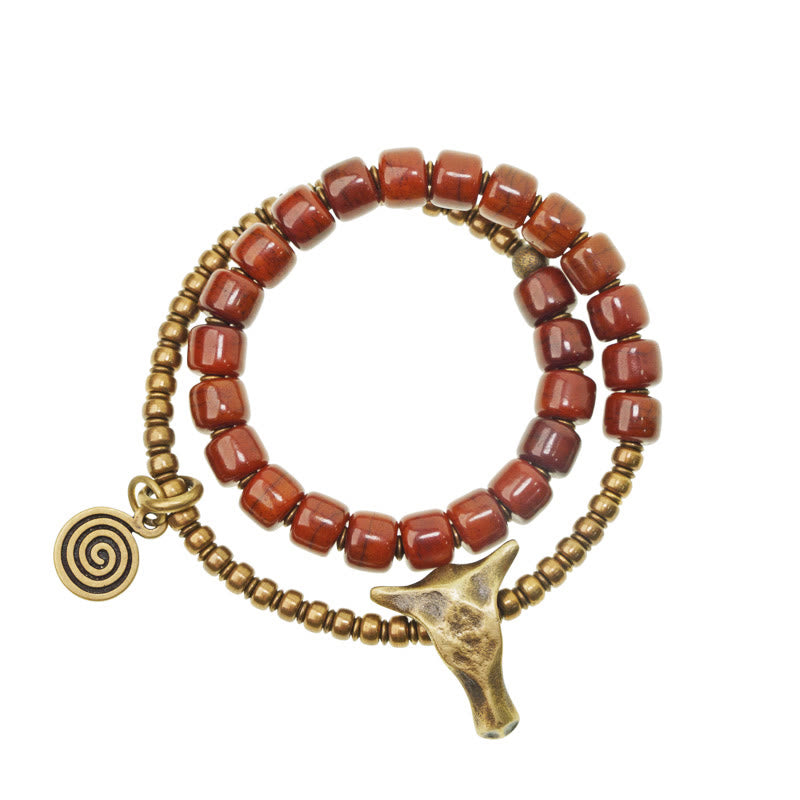 Buddha Stones Yak Bone Copper Yak Head Cone Pendant Double Wrap Strength Bracelet