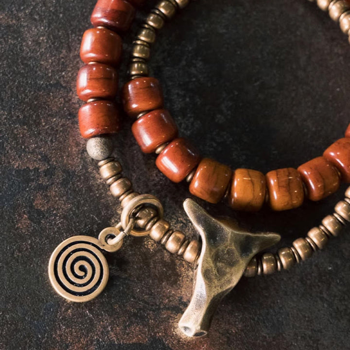 Buddha Stones Yak Bone Copper Yak Head Cone Pendant Double Wrap Strength Bracelet