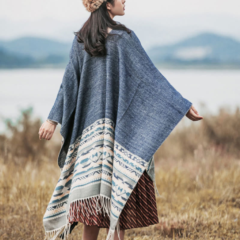 Buddha Stones Tibetan Geometric Rhombus Pattern Tassels Shawl Fall Winter Warm Cozy Scarf Wrap - SteelBlue - 130*150cm - image 0