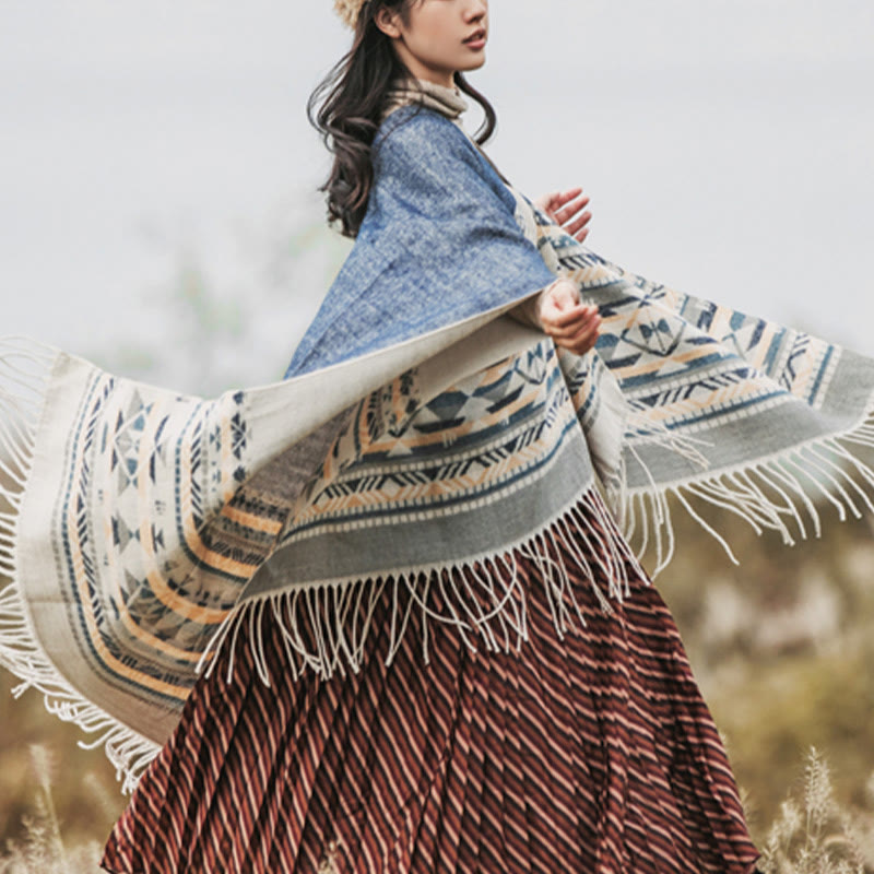 Buddha Stones Tibetan Geometric Rhombus Pattern Tassels Shawl Fall Winter Warm Cozy Scarf Wrap - image 8