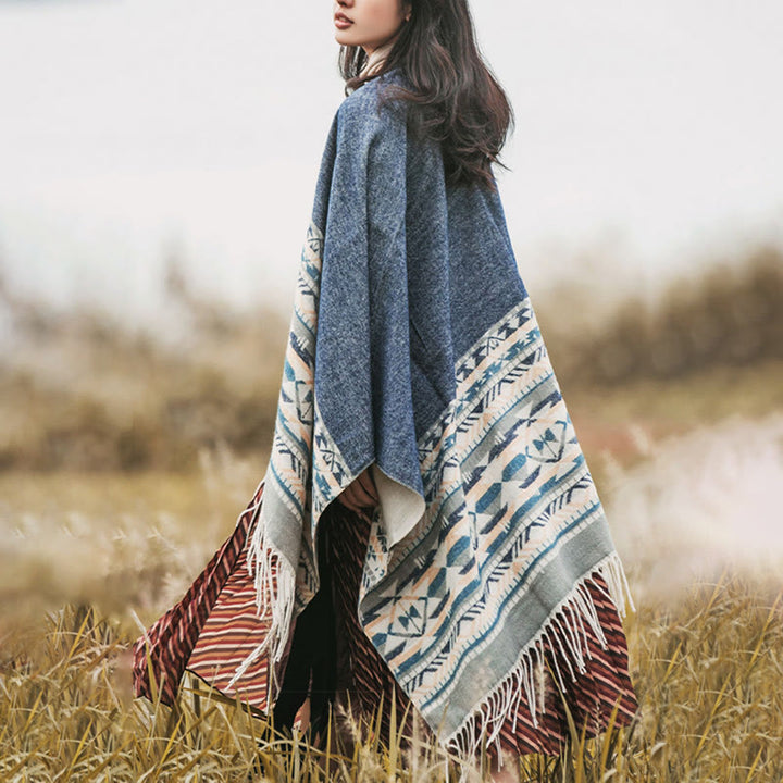 Buddha Stones Tibetan Geometric Rhombus Pattern Tassels Shawl Fall Winter Warm Cozy Scarf Wrap - image 4