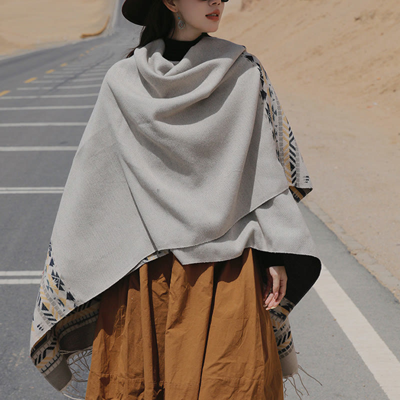 Buddha Stones Tibetan Geometric Rhombus Pattern Tassels Shawl Fall Winter Warm Cozy Scarf Wrap - Linen - 130*150cm - image 15