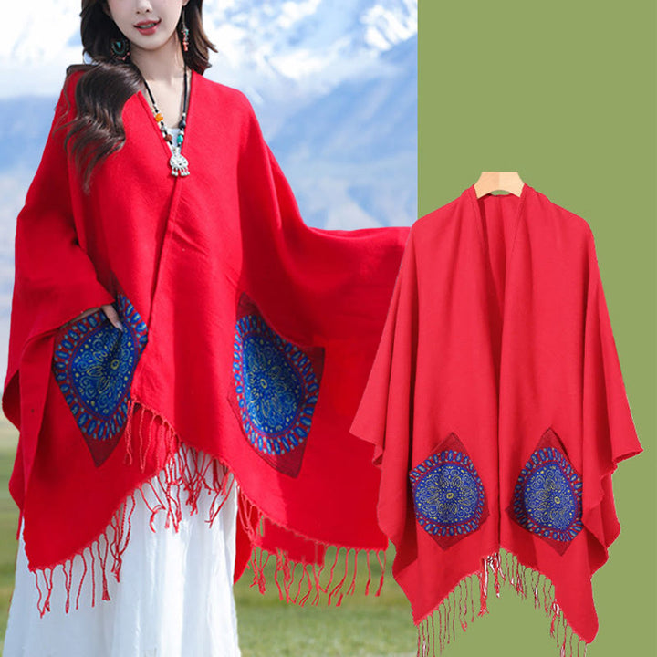Buddha Stones Tibetan Geometric Round Mandala Pattern Tassels Shawl Fall Winter Cozy Scarf Wrap With Pockets - image 5