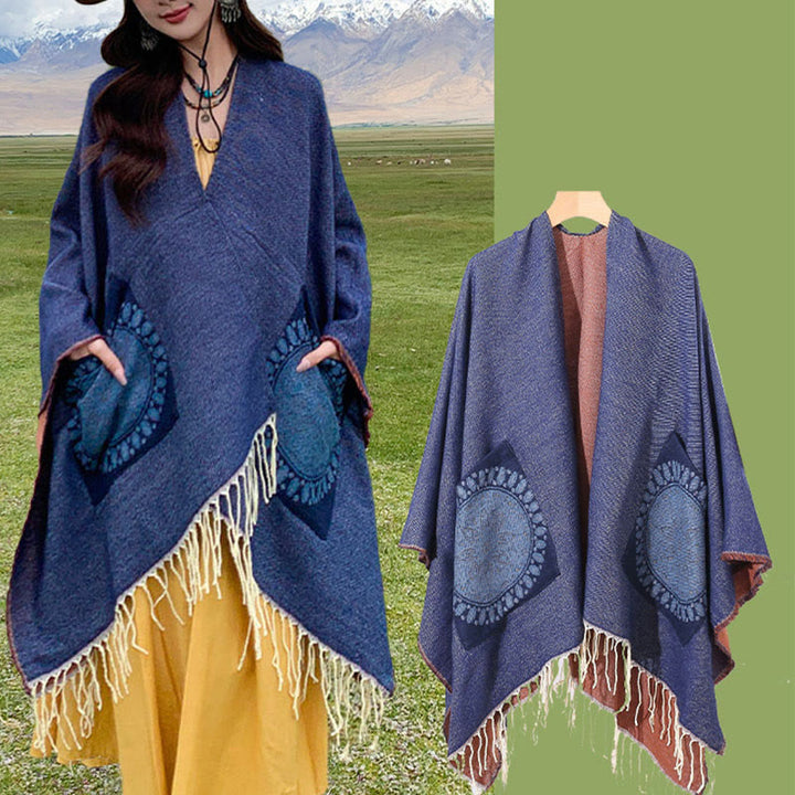 Buddha Stones Tibetan Geometric Round Mandala Pattern Tassels Shawl Fall Winter Cozy Scarf Wrap With Pockets - image 37