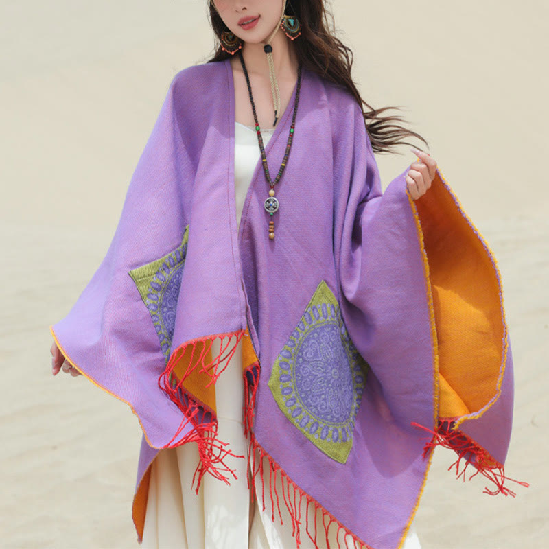 Buddha Stones Tibetan Geometric Round Mandala Pattern Tassels Shawl Fall Winter Cozy Scarf Wrap With Pockets - image 42