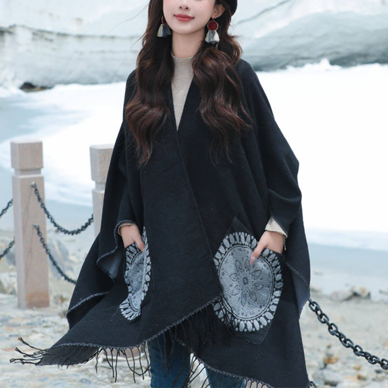 Buddha Stones Tibetan Geometric Round Mandala Pattern Tassels Shawl Fall Winter Cozy Scarf Wrap With Pockets - image 9