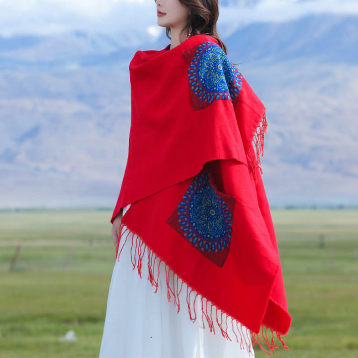 Buddha Stones Tibetan Geometric Round Mandala Pattern Tassels Shawl Fall Winter Cozy Scarf Wrap With Pockets - image 3