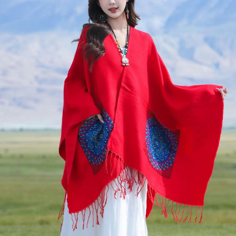 Buddha Stones Tibetan Geometric Round Mandala Pattern Tassels Shawl Fall Winter Cozy Scarf Wrap With Pockets - image 1