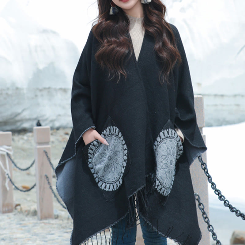 Buddha Stones Tibetan Geometric Round Mandala Pattern Tassels Shawl Fall Winter Cozy Scarf Wrap With Pockets - Black - 140*155cm - image 6