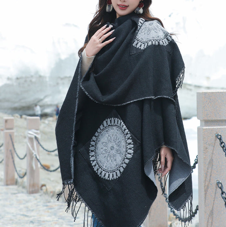 Buddha Stones Tibetan Geometric Round Mandala Pattern Tassels Shawl Fall Winter Cozy Scarf Wrap With Pockets